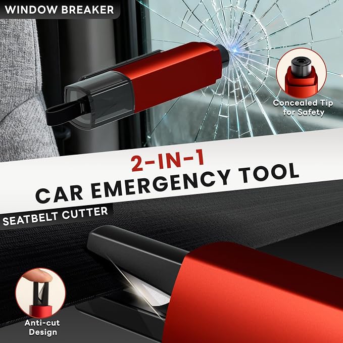 4PCS Window Breaker Seatbelt Cutter Car Safety Hammer, 2-in-1 Glass Breaker and Seat Belt Cutter with Test Glass, Underwater Emergency Escape Tool for All Vehicles (Red & Grey)