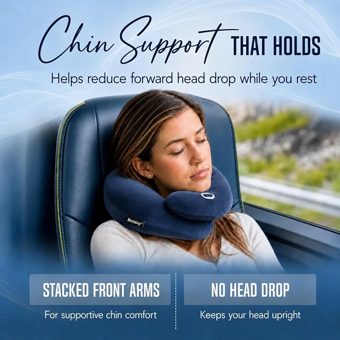 BCOZZY Flat Back Travel Neck Pillow – Patented Neck Pain Relief & Support for Head, Neck, and Chin. Ideal for Airplanes, Long Flights, Car Rides. Adjustable, Washable, with Carry Bag. Large, Navy
