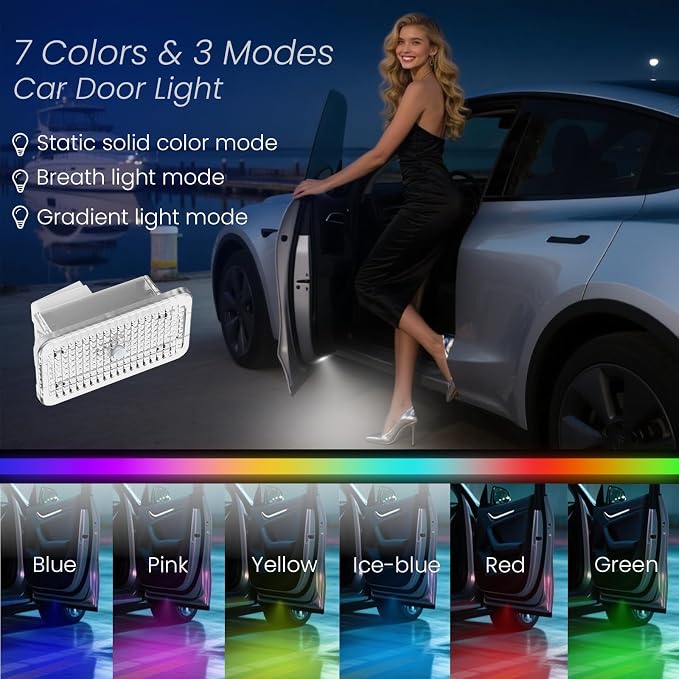 7 Color Car Door Welcome Lights,Car Puddle Light, Footwell Lamp Trunk Lights Compatible with Tesla Model 3 Model S Model Y Model X,4PACK