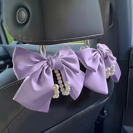 2 PCS Bow Pearl Car Seat Headrest Hook – Cute Purse Hook for Car, Girly Interior Decoration Accessories Hook Hanger, Seatback Holder for Purses & Bags, Elegant Car Organizer (Lavender Purple)