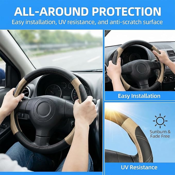 Osilly Car Steering Wheel Cover, 14.5-15" Leather Breathable Anti-Slip Stylish Steering Wheel Protector, Comfortable Auto Interior Decoration Accessories, Universal for SUV Van Truck (Black Beige)