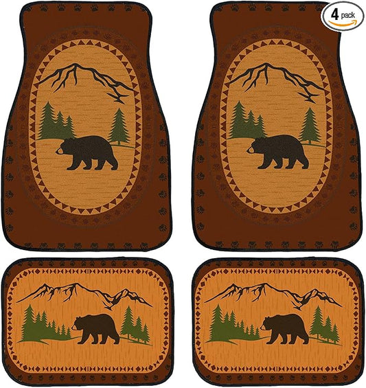 Bear Car Floor Mats Rustic Mountain Pine Forest Cabin Carpet Front Rear Carpets Mat Decorative Car Floor Carpets Non-Slip Auto Car Accessories Universal Fit for Car SUV Truck Van