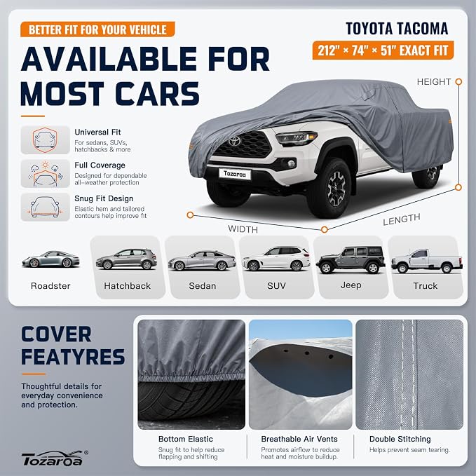 Truck Cover Waterproof All-Weather,Outdoor Full Exterior Pickup Covers(Length 211-220 inch) with Windshield Sun Shade Universal Fit Tacoma, Tundra, F-150, RAM 1500 etc,Size T2 (See SizeChart)