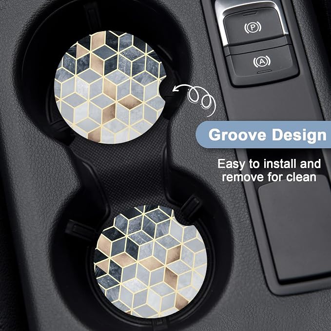 Nipichsha Car Coaster for Cup Holders, 2 Pack Absorbent Ceramic Car Cup Holder Coaster for Drinks, Cute Auto Assecories for Women Men, Size 2.56 in with Finger Notch & Cork Base, Gray Gold Rhombus