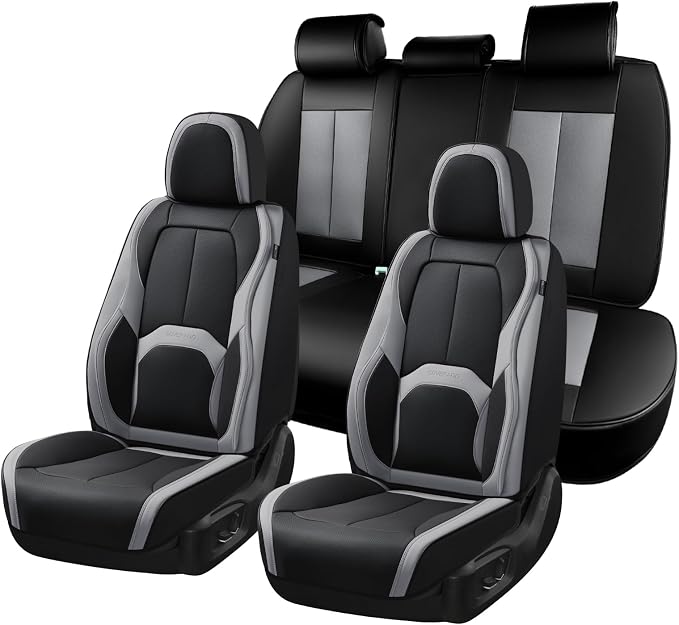 Coverado Car Seat Covers, Leather Seat Covers Full Set, Waterproof Car Seat Protector with Lumbar Support, Automotive Seat Covers Seat Cushions Universal Fit for Most Cars SUV Trucks, (Black&Beige)