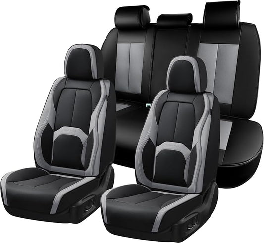 Coverado Car Seat Covers, Leather Seat Covers Full Set, Waterproof Car Seat Protector with Lumbar Support, Automotive Seat Covers Seat Cushions Universal Fit for Most Cars SUV Trucks, (Black&Beige)