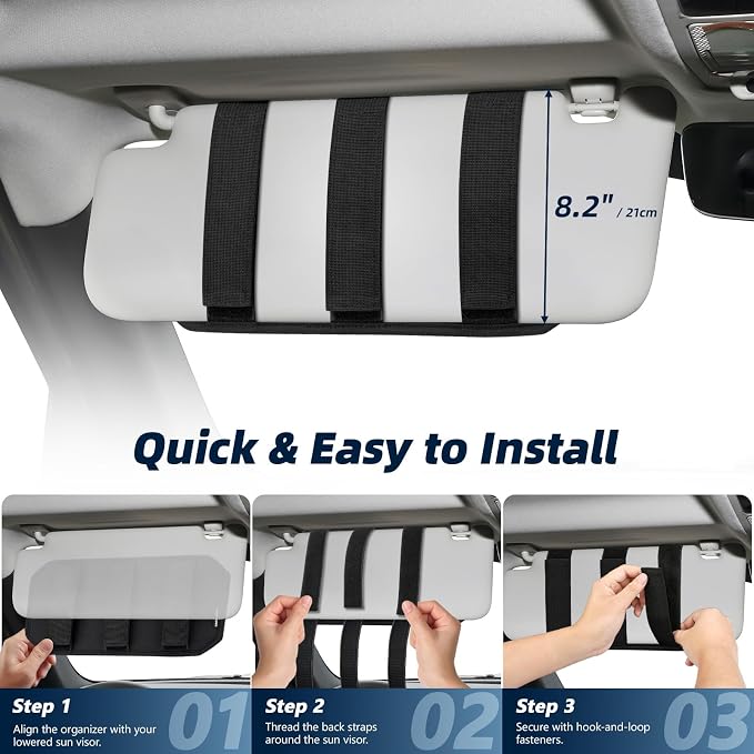 Dadanism Car Sun Visor Organizer, Molle Car Storage Organizer with Zipper Pouch, Glasses Clip, Adjustable Strap, Semi-Rigid Molle Panel Universal Fit for Most Cars, SUVs, Trucks, Jeeps, Black