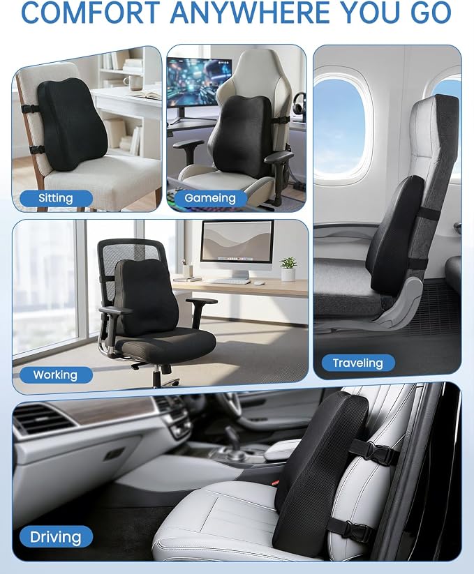 Vekkia Lumbar Support Pillow for Office Chair - Back Support for Car, Lumbar Cushion with Adjustable Straps & Mesh Cover, Lower Back Pain Relief for Office Workers, Drivers, Gamers & Travelers