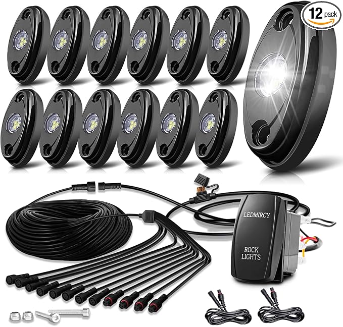 LEDMIRCY R1 Pure White LED Rock Lights Kit with Rocker Switch Wire Harness 12PCS High Power Rock Lights White for Trucks Off Road ATV UTV SUV Underglow Trail Rig Light Under Body Waterproof Light