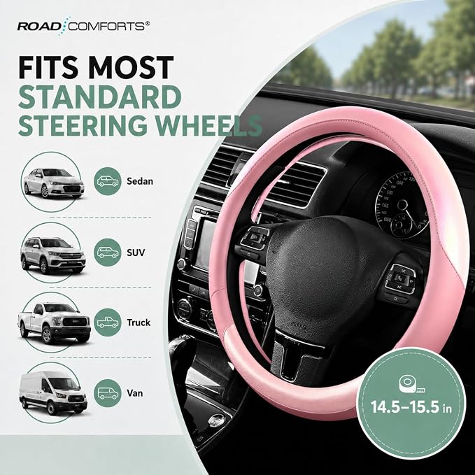 Road Comforts Steering Wheel Cover – Breathable Leather Steering Wheel Cover, Anti-Slip Grip, Universal Fit 14.5” to 15”, Heat & Cold Resistant for Cars, SUVs, and Trucks – Shining Pink & Pink