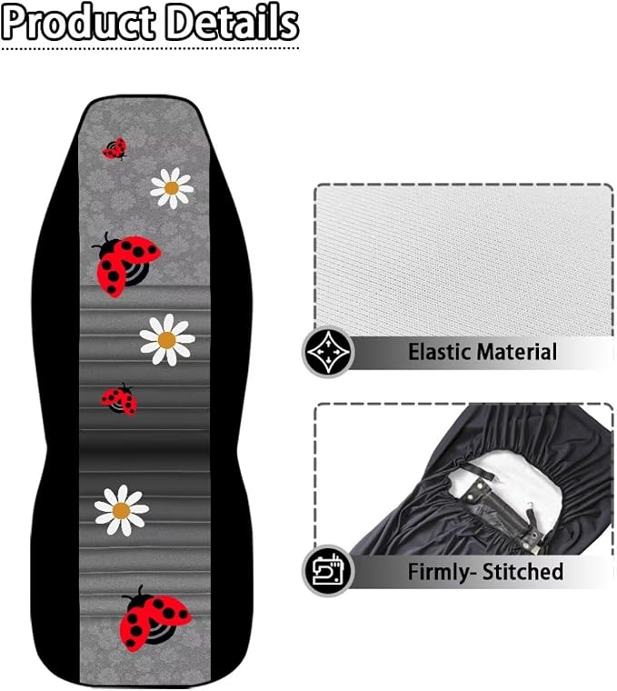 Ladybug Daisy Front Seat Covers for Cars Decorative Front Bucket Seat Cover Lightweight Automotive Seat Cushion Covers for SUV Vans Sedans Trucks