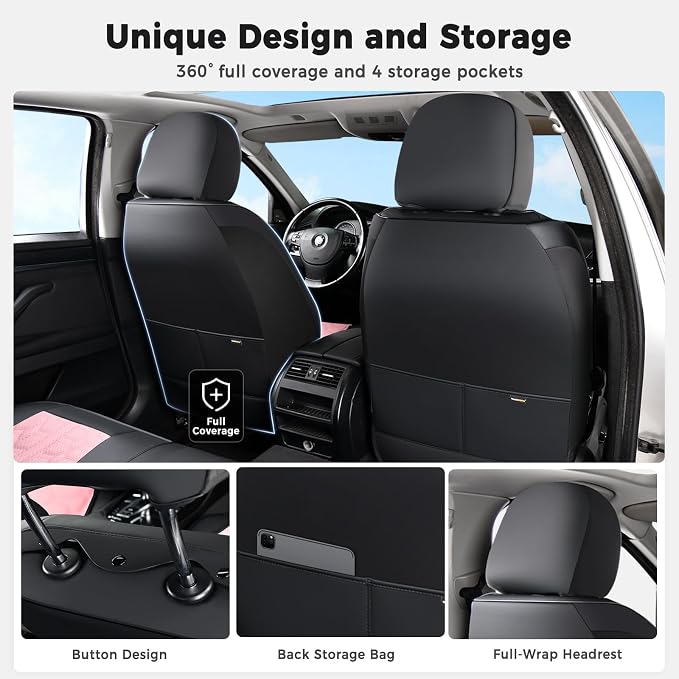 Huidasource Front Seat Covers Universal Fit for Most Cars SUV Trucks, Automotive Leather Seat Cushion Covers Protector with Lumbar Support, Waterproof Seat Cover Front Seat, Black & Pink