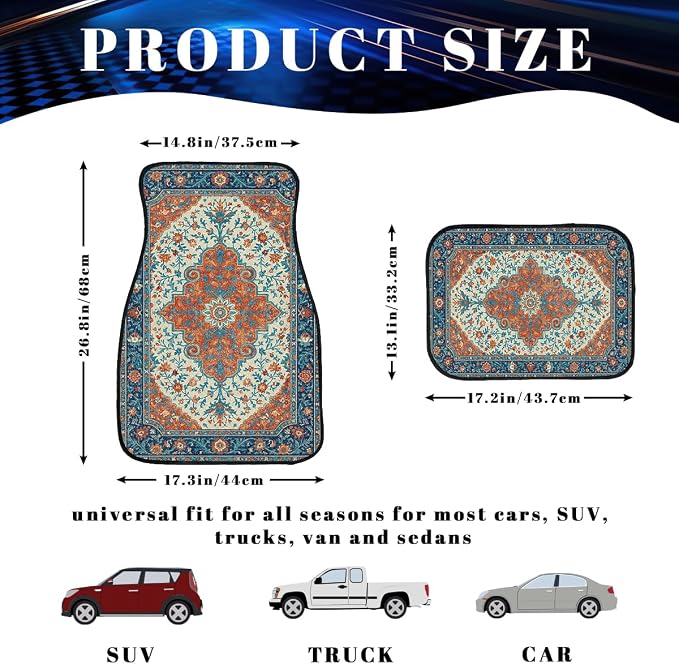Vintage Carpet Car Floor Mats Floral Blue Red Carpet Front Rear Carpets Mat Decorative Car Floor Carpets Non-Slip Auto Car Accessories Universal Fit Car Accessories for Truck