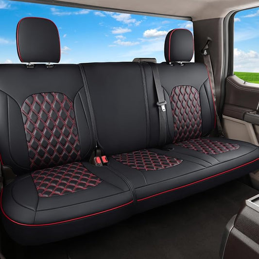 Huidasource F150 Rear Seat Covers, Split Back Leather Seat Cushion Cover Fit for 2015-2026 Ford F150 SuperCrew & 2017-2026 F250 F350 F450 Super Duty Crew Cab Pickup Truck (Back Row/Black&Red)