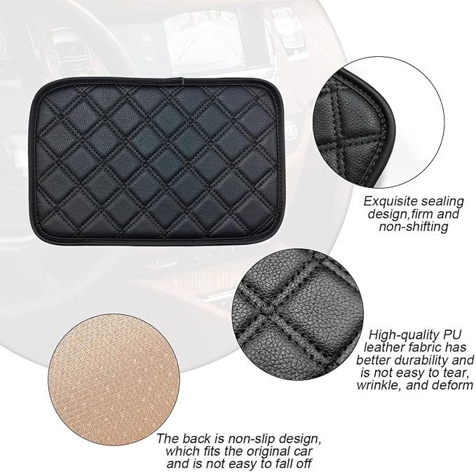 8sanlione Car Leather Center Console Cushion Pad, 11.4"x7.4" Waterproof Armrest Seat Box Cover Fit for Cars, Vehicles, SUVs, Comfort, Car Interior Protection Accessories (Black-2)