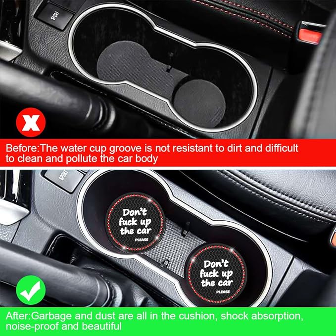 2 Pack Bling Car Coasters for Cup Holder, Crystal Rhinestone 2.75 in Cup Holder Coaster, Silicone Anti-Slip Insert Cup Mats for Women, Interior Accessories Universal for Most Cars (Black/Red)