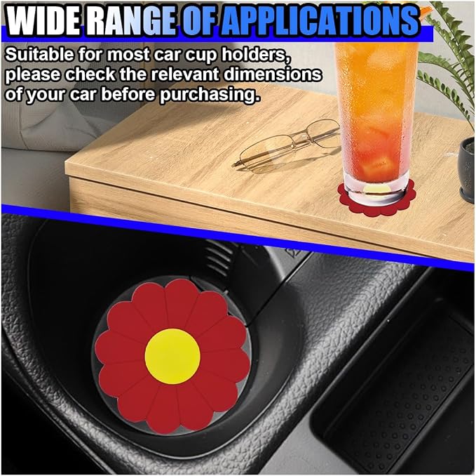 2PCS Car Cup Coaster, Flower Shaped Silicone Non-Slip Vehicle Drink Holder Insert Mat, Universal 2.75 Inch Waterproof Automotive Interior Decoration Beverage Pad Accessories (Red)