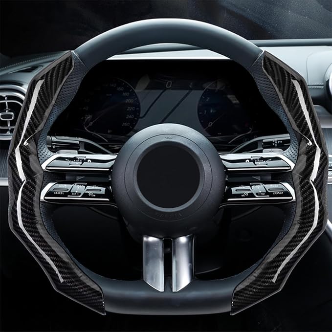 Carbon Fiber Steering Wheel Cover 2PCS Segmented Clip-on Protector (Black) | Universal Fit, Anti-Slip Lining, Sporty Style, Car Interior Accessory for Men and Women