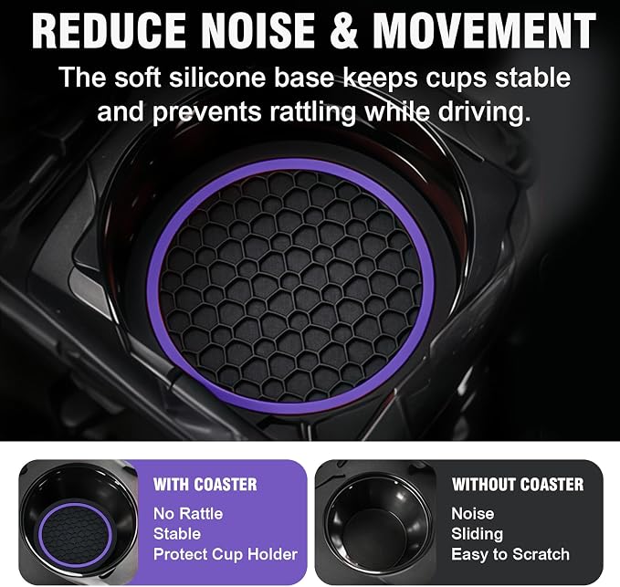 4PCS Car Cup Holder Coasters, 2.75 Inch Non-Slip Insert Water Bottle Holder Pads, Dustproof Automotive Interior Accessories Mat, Universal for Vehicles, Trucks, RVs and More (Purple)