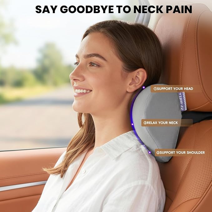 ZZ-WELL Car Headrest Pillow, Car Neck Pillow for Neck Pain Relief with Adjustable Strap, Memory Foam & Breathable Removable Cover, Travel Car Neck Pillow for Pain Relief While Driving (Grey, 1Pack)