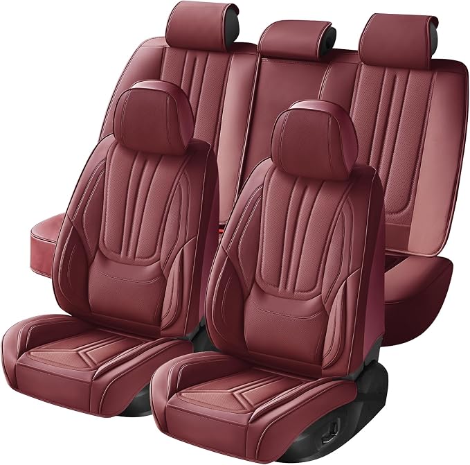 Car Seat Covers Full Set Burgundy, Premium Leather Car Seat Covers, Waterproof and Breathable Seat Covers, Universal Car Seat Protector Fit for Cars, Trucks, SUVs, Pick-ups (Wine Red, FullSet)