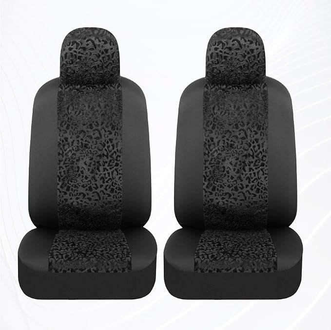 BDK Black Leopard Car Seat Covers for Front Seats, Animal Print Front Seat Cover Set with Matching Headrest, Sideless Design for Easy Installation, Fits Most Car Truck Van and SUV, (Pack of 2)