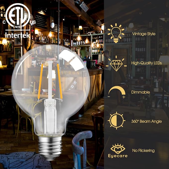 E ENERGETIC LIGHTING 5W Dimmable G25 LED Globe Light Bulb, G25 LED Vintage Light Bulb, 60W Equivalent, 500Lumens, 2700K Soft White, E26 Base, ETL Listed, 6-Pack