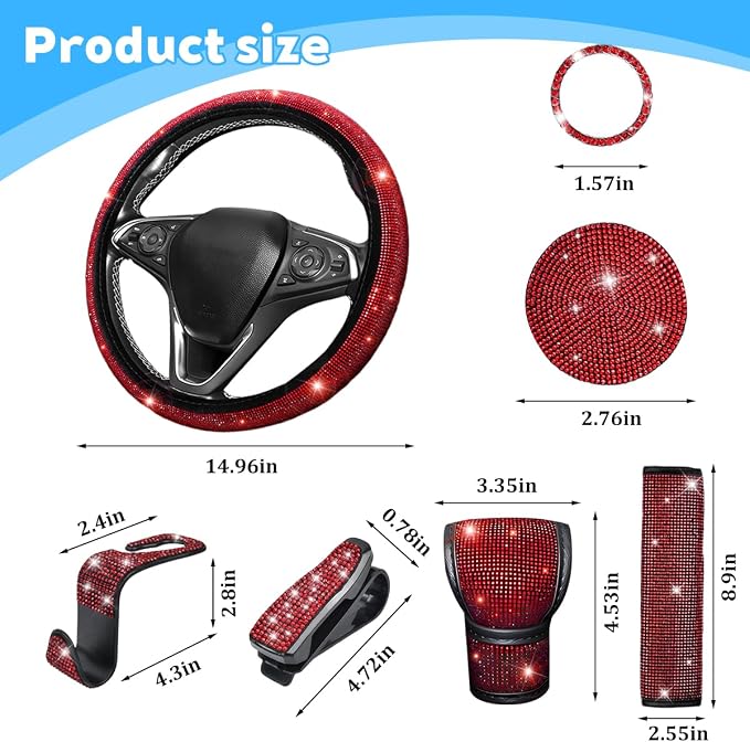 8PCS Bling Car Accessories Set, Sparkly Rhinestone Vehicle Steering Wheel Seat Belt Gear Shift Start Stop Button Cover, Diamond Auto Cup Holder Coaster Decoration, Universal Fit (Red)