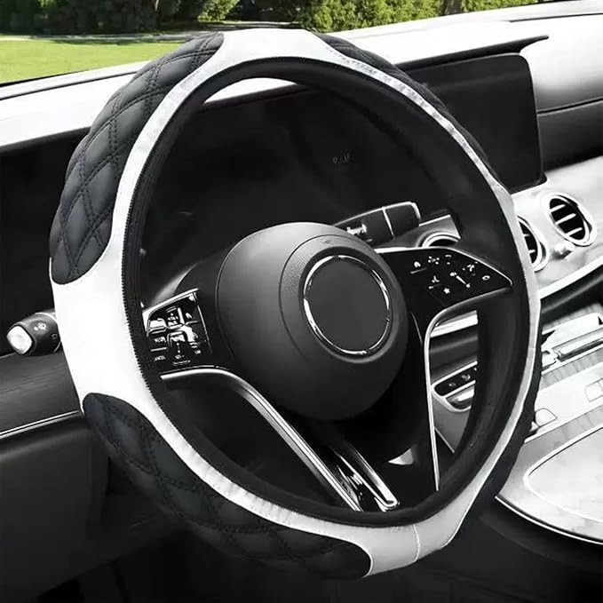 15 Inch Leather Steering Wheel Cover, Automotive Accessories Breathable Anti-Slip Elastic Soft Wheel Protector, Fit for Most SUVs Trucks and RVs (White)