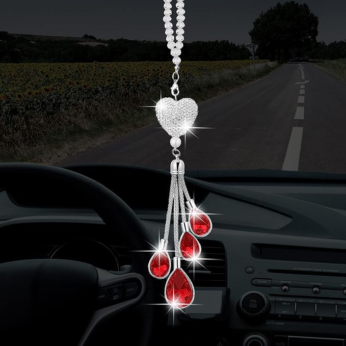 Frienda Bling Car Rear View Mirror Accessories for Women Gift Cute Heart Crystal Hanging Charm Diamond Decoration Lucky Interior Ornament Pendant(9.8 Inch,Red)