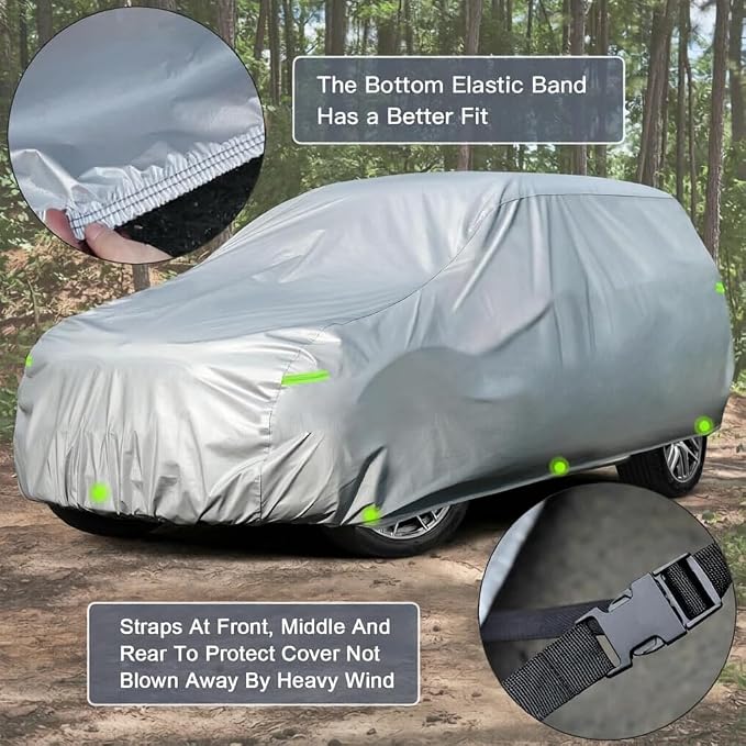Waterproof Car Cover for SUVs 191-201 Inches, 210D Heavy Duty All Weather Auto Cover with Driver Door Zipper & Tire Straps, UV Sun Rain Snow Hail Protection