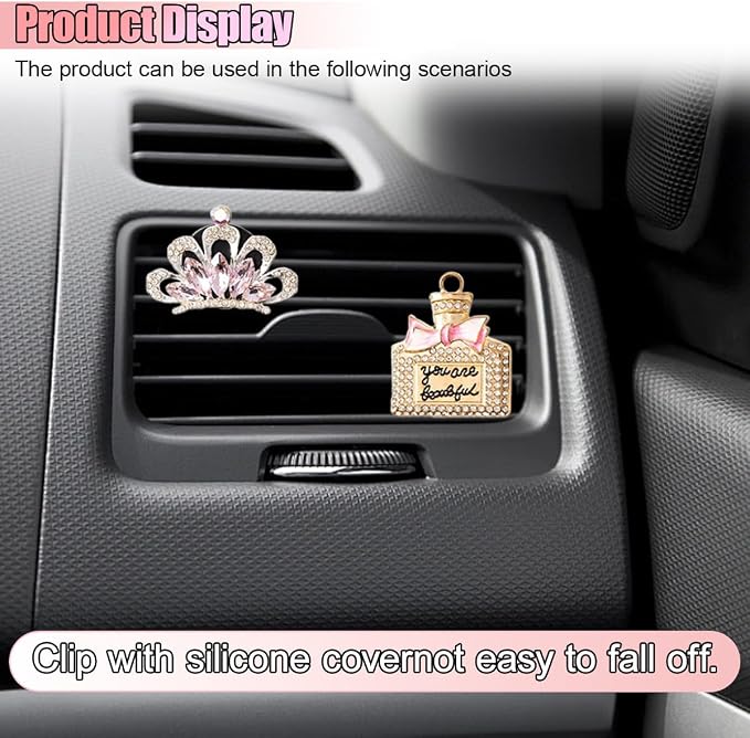 4PCS Bling Car Air Vent Clip, Crystal Rhinestone Heels Bag Crown Perfume Bottle Dashboard Air Vent Trim Clips, Car Interior Outlet Diffuser Decoration Accessory for Women (Gold)