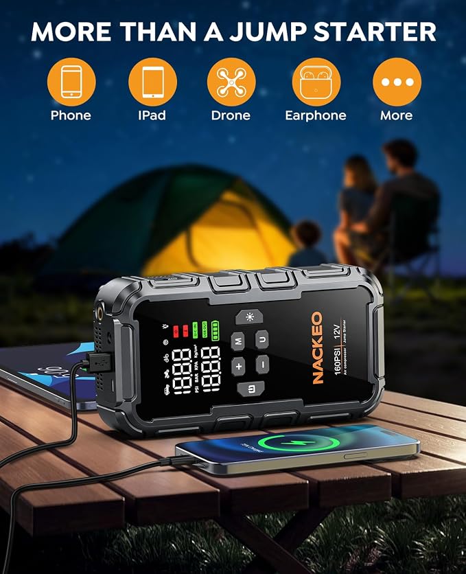 8000A Car Battery Jump Starter with Air Compressor 160PSI, Car Jumper Starter Portable (All Gas 12L Diesel), 12V Jump Box Car Battery with 600LM Light, Jumper Cables, Large LCD Display, Power Bank