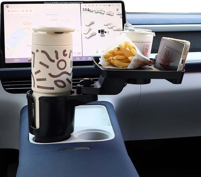 Car Large Cup Holder Expander, 3-in-1 Cupholder Extender with Swivel and Detachable Snack Food Tray Table for Eating, Travel Essentials for Road Trips for Driver. Model E
