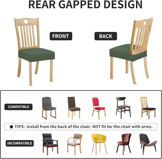Easy-Going 100% Waterproof Seat Covers for Dining Room Chairs Set of 6, Stretch Chair Seat Slipcovers Protector Removable and Washable Kitchen Dining Chair Covers, Grayish Green