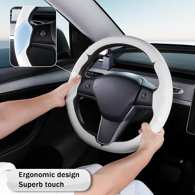 Steering Wheel Cover for 2017-2023 Tesla Model 3 2020-2024 Tesla Model Y, Leather Steering Wheel Cover for Tesla Model 3/Y Accessories, White