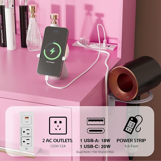 Furmax Vanity Desk with Mirror, LED Lights and Power Outlet Makeup Vanity Table with 7 Drawers and 6 Storage Shelves Dressing Table for Bedroom Dressing Room (Pink)