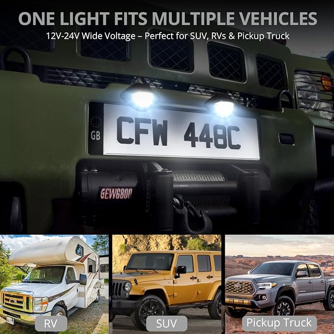 Justech 4 PCS 3 LED Round License Plate Light, 12V-24V IP65 Waterproof Tag Lights Lamp, Universal Number Plate Lights with 8 Screws for Trailers, Trucks, Vans, RVs, Caravans, Lorries - Black