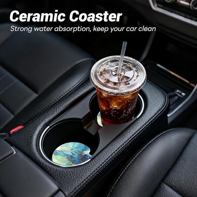 Car Cup Holder Ceramic Coasters 2 Pack, 2.56 in Anti Slip Absorbent Coaster with Cork Base and Finger Notch, Funny Cute Car Accessories Interior for Women, Green Blue Stone