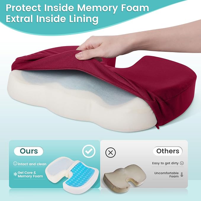 Office Chair Seat Cushion, Cooling Gel Enhanced Memory Foam Cushion for Long Sitting - Back, Sciatica, Coccyx, Tailbone Pain Relief Pillow - for Office, Gaming, Car, Wheelchair - Red, Large