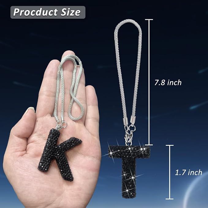 Letter T Bling Black Car Accessories Interior for Women, Interior Charm Rear View Mirror Cute Crystal Pendant Car Decorations for Men, Lucky Gifts Diamond Rhinestone