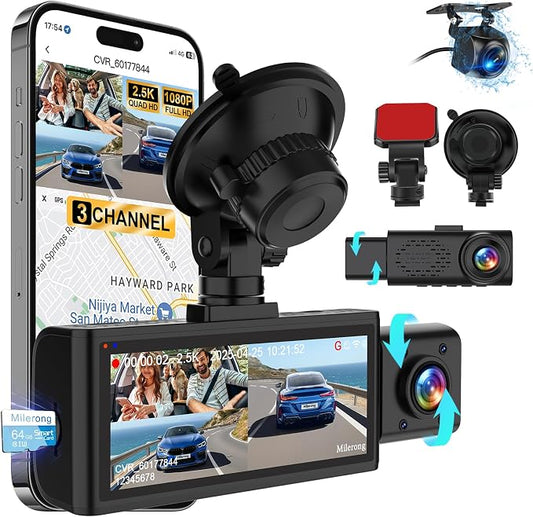 3 Channel 4K Dash Cam Front Rear and Inside with 5G WiFi & APP Control | 4K/2.5K+1080P+1080P Dashcam for Car, Dash Camera with 64GB Card, 24H Parking Monitor, Night Vision, Loop Recording, G-Sensor