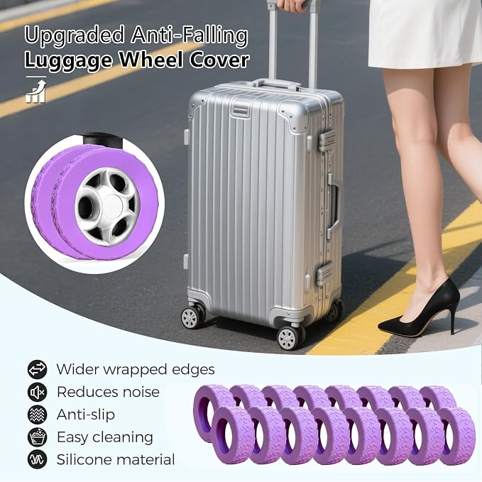 16 Pcs Luggage Wheel Covers, Anti-Noise, Fits 2-2.4" suitcase wheel, Purple | Widened & Thickened Silicone, Anti-Noise & Scratch-Proof, Fits 2-2.4" Carry-On Luggage Wheels, Easy Slip-On