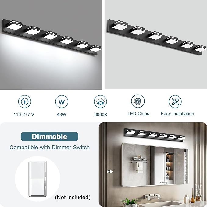 LED Modern Bathroom Vanity Light Fixtures, Dimmable Matte Black Vanity Lights for Bathroom Lighting Fixtures Over Mirror, with 360° Rotatable Acrylic Heads 6-Light 42-inch (Cool White 6000K)