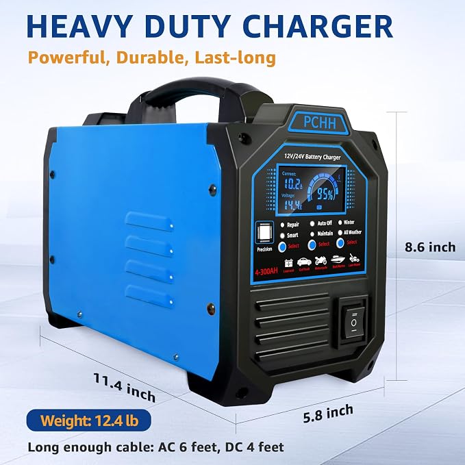 PCHH 12V 24V Car Battery Charger Heavy Duty, 0-15A Automatic Battery Maintainer, Smart Trickle Charger with Auto Shutoffs, Repair, Winter Mode, for Automotive Car Truck Motorcycle Lawn Mower Boat AGM