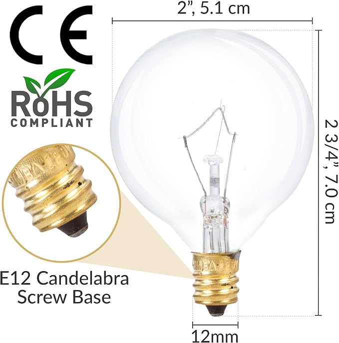 Simba Lighting Aromatic Wax Warmer Small Globe G16.5 40W E12 2700K, 10 Pack | Round Bulb, Candelabra Base, Chandelier, Ceiling Fan, Decorative Vanity Lights, Sconce, Clear Glass, 110V 120V, Warm White