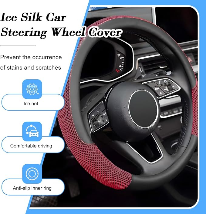 Car Steering Wheel Cover, 14.5-15" Microfiber Leather Ice Silk Breathable Non-Slip Steering Wheel Protector, Cool Auto Interior Decor Accessories, Universal for Truck SUV Van (Red)