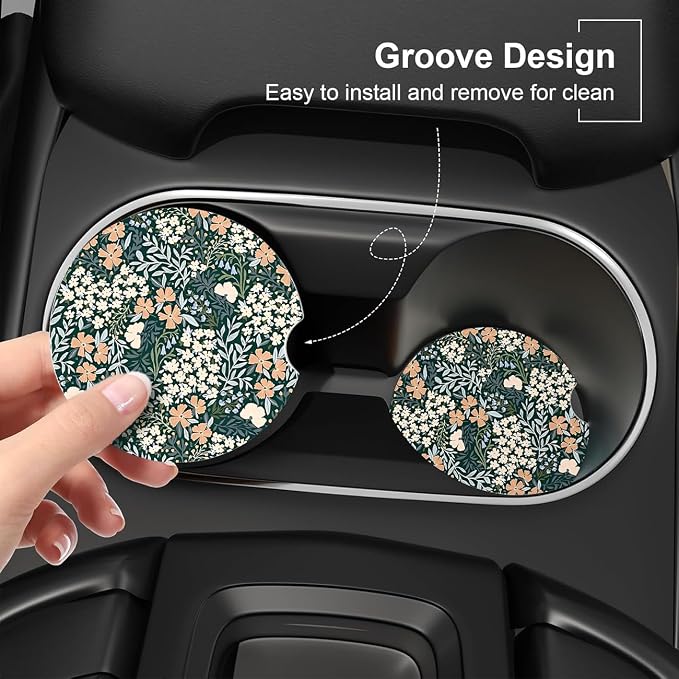 Ceramic Car Coasters – Absorbent Car Cup Holder Coaster Set for Women, Cute Aesthetic Car Accessories for Girls, 2 Pack (sage)