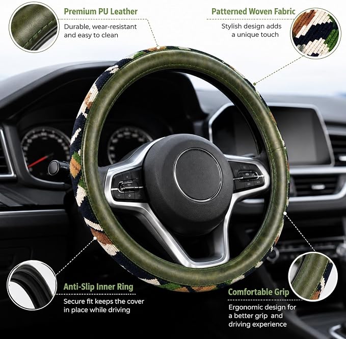 Universal 15inch Ethnic Style Baja Blanket Steering Wheel Cover with Coarse Flax Cloth and Sweat Absorption Anti Slip Car Wrap (Boho Green Leather 2)