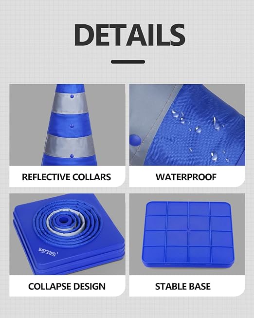 BATTIFE [2 Pack] 18 Inch Collapsible Traffic Cones, Safety Cones, Pop-up Cones with Reflective Collar, for Driving Practice,Road Parking (Blue)